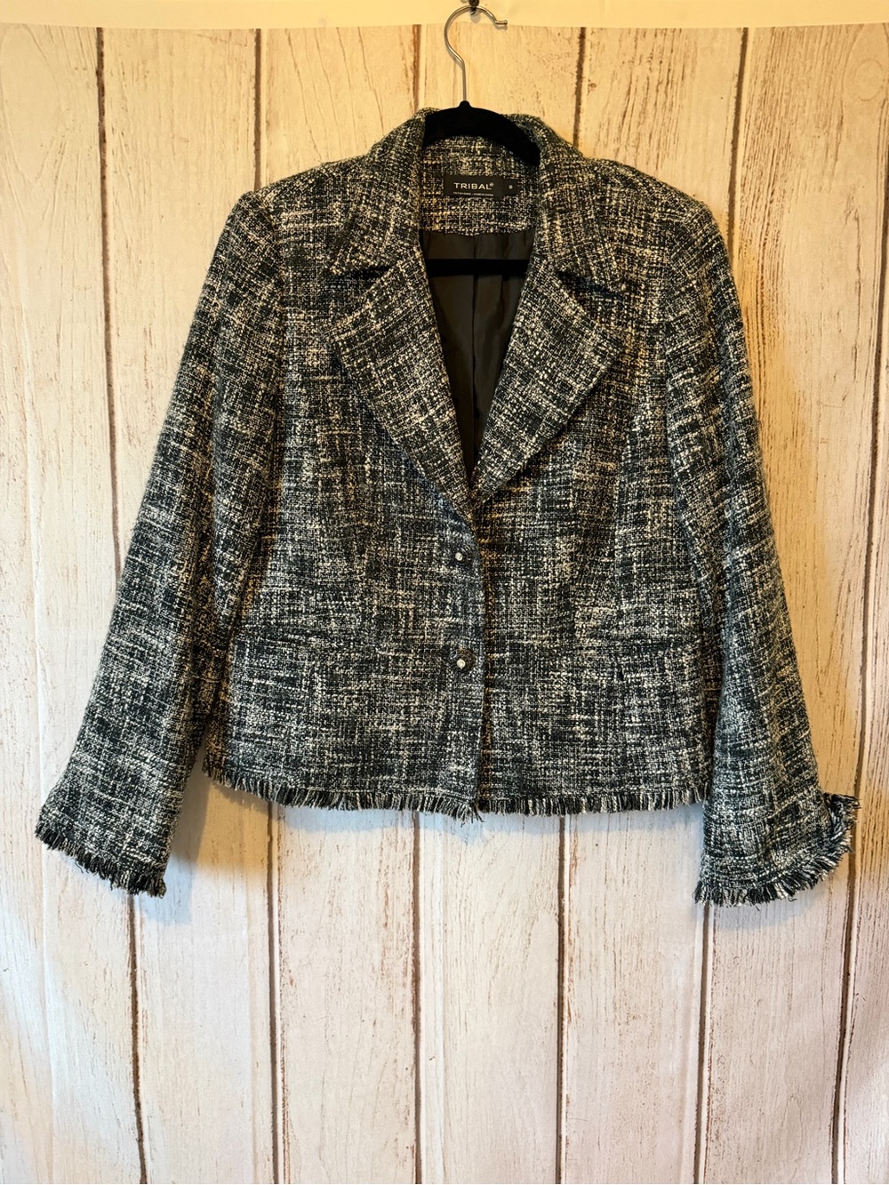 Tribal Black & White Tweed Fringe Hem Jacket Size 8